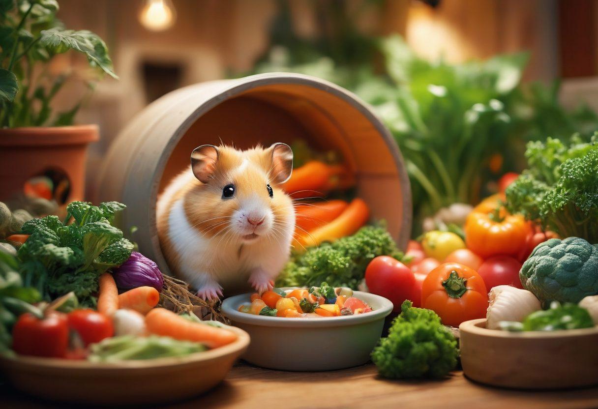 A joyful hamster in a cozy, colorful habitat full of fresh vegetables and playful toys, showcasing various enrichment activities such as a running wheel and tunnels. The background features lush greenery and soft, warm lighting to evoke a sense of happiness and care. Include playful elements like little food bowls and vibrant accessories. super-realistic. vibrant colors. soft focus.