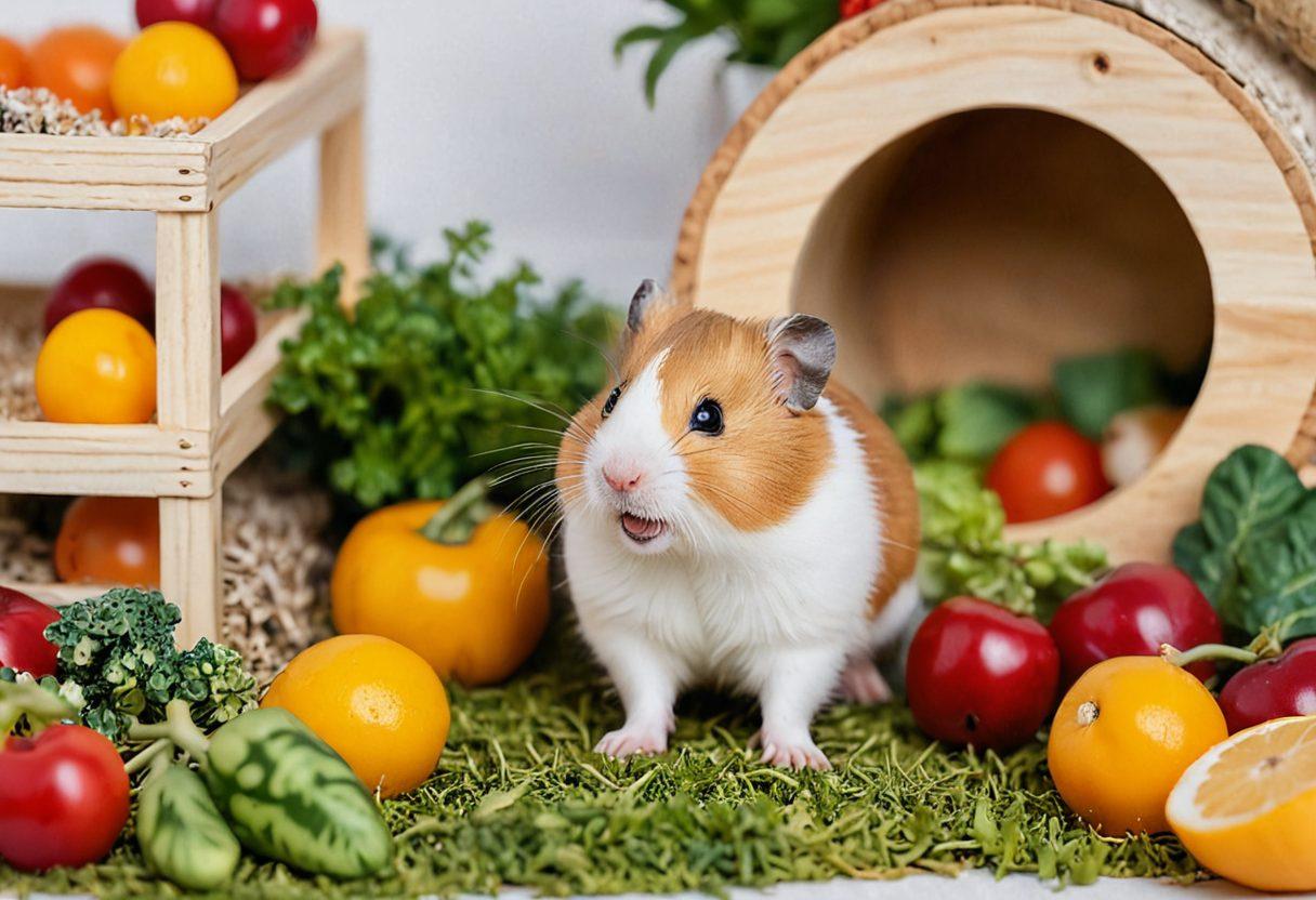 A cozy hamster habitat filled with colorful accessories such as tunnels, toys, and bedding. Include a happy hamster exploring its environment, with fresh fruits and vegetables nearby. The scene should be bright and inviting, showcasing a mix of natural textures like wood and grass. Capture the essence of hamster wellness in a vibrant, lively atmosphere. super-realistic. vibrant colors. white background.