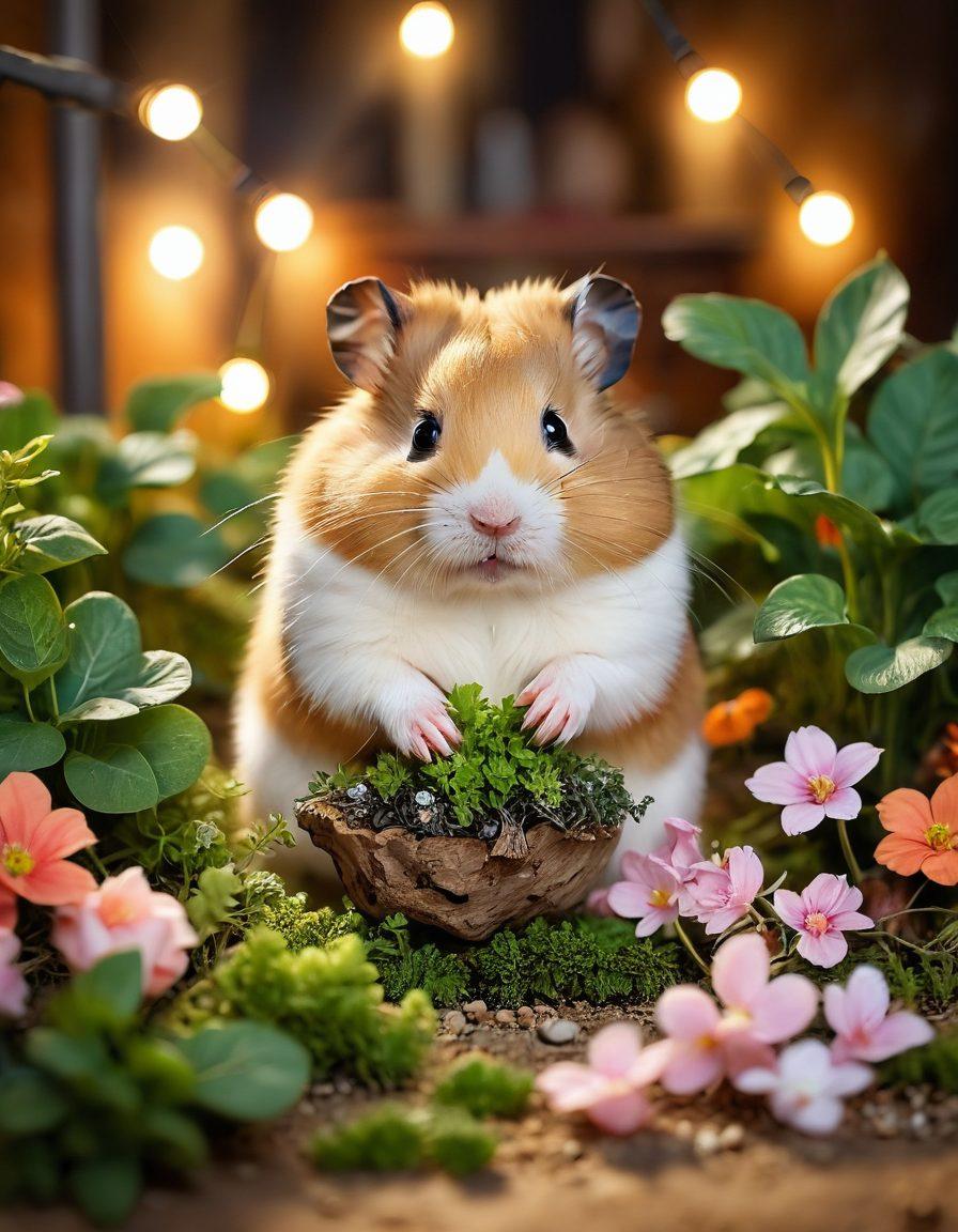 A cozy hamster habitat filled with colorful toys, fresh greens, and seeds scattered around, showing a happy, playful hamster exploring its environment. The background features a soft, warm glow with hints of natural elements like small plants and flower petals to enhance the nurturing atmosphere. super-realistic. vibrant colors. soft focus.